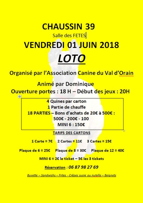 Loto du 1er juin 2018 organisé par ACVO à la salle des fêtes de Chaussin (39)